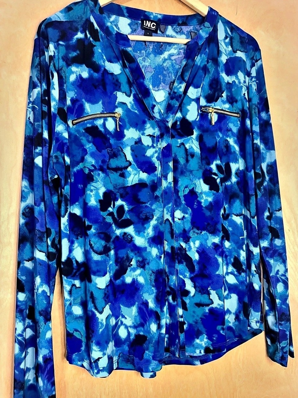 INC International Concepts Zip Pocket Blouse Floral Blouse Blue & Purple Large